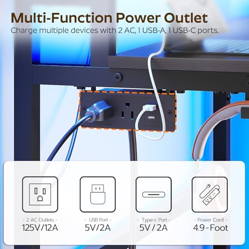 YATINEY 47.2" Computer Desk with Charging Station and LED Lights, Gaming Desk with Monitor Stand, 2-Tier Home Office Desk with 4 Side Hooks, for Living Room, Home Office, Black DN12UDBB YATINEY