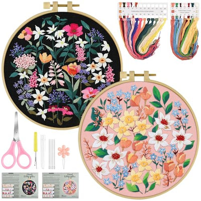 ERKOON Embroidery Kit for Beginners, 2 Set Floral Cross Stitch Set Include Embroidery Cloth Hoops Threads for Craft Lover Hand Stitch with Embroidery Skill Techniques (Flower)