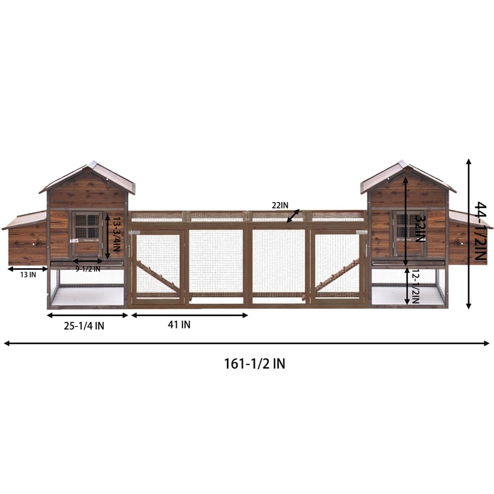 Wooden Chicken Coop Large Walk-in Outdoor Hen House with Nesting Box and Run,Poultry Cage Rabbit Hutch Waterproof UV Panel Cover for 2-4 Chickens 80''H Deep Brown #821 (160" L x 21" W x 44" H) Grezone