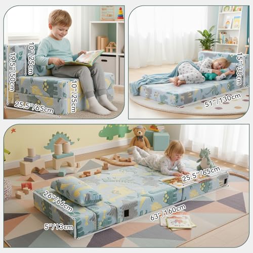 Tiita Kids Folding Sofa Bed Floor Mattress, Trifold Futon Mattress Kids Fold Up Bed, Toddler Fold Out Couch Beds, Foldable Toddler Floor Beds Nap Mat with Storage Bag, Green Dinosaur Tiita