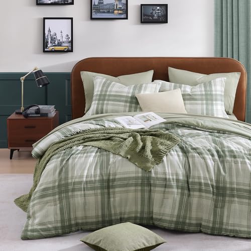 AMBERSPACE Full Size Comforter Sets, Green Plaid Bedding Set 7 Piece for Boys Girls Teen, Classic Homestead-Style Kids Comforter Set Bed in A Bag with Sheets, Pillowcases & Shams AMBERSPACE