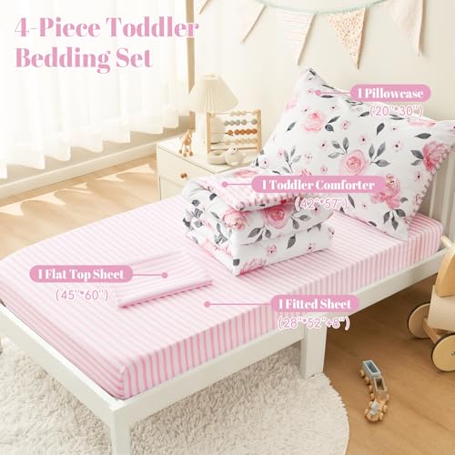 PHF 4 Piece Toddler Bedding Set, Ultra Soft Toddler Comforter Sets Include Comforter, Fitted Sheet, Flat Top Sheet and Pillowcase for Girls, Floral Bed in A Bag for Baby Bedroom, Floral PHF