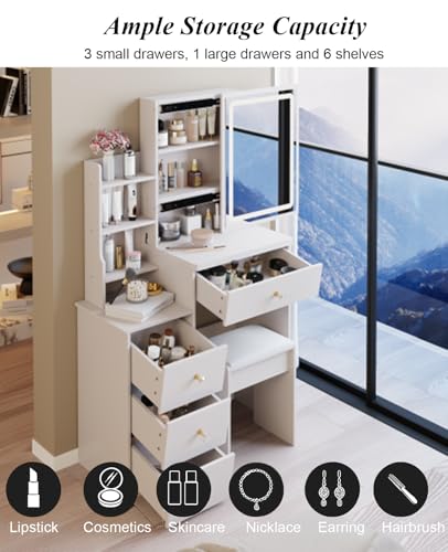 29" Makeup Vanity Desk with Slidding Led Lighted Mirror, Large Storage Modern Dressing Table for Small Space with Multi Hidden Shelves and Cabinet Drawers, Touch Control 3-Color Lighting, Stool Chair Breevia