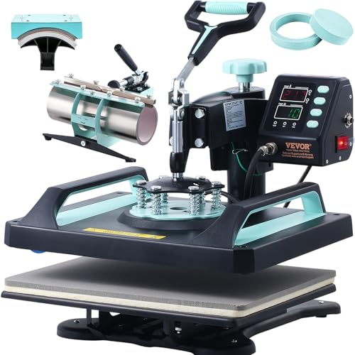 VEVOR 5 in 1 Heat Press Machine Combo with 30 OZ Tumbler Press & Hat Press 12x15 inch Heat Press for T-Shirts, Hats Caps Tumblers Glass Cans Mugs, and Plates (Green & Black) VEVOR