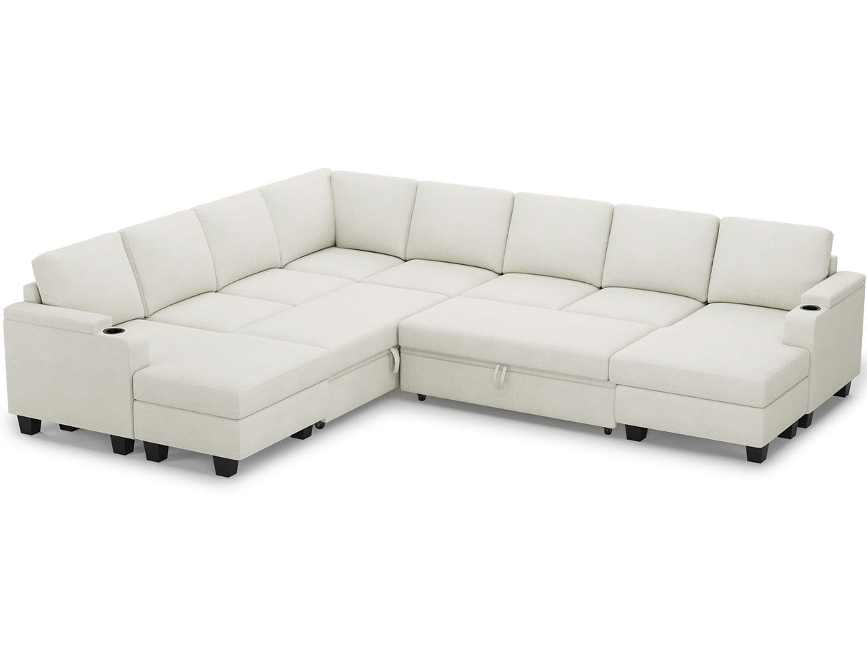 Belffin Oversized Sleeper Sofa U Shaped Modular Sectional Couch with Double Storage Chaise Convertible Sofa Bed. White Couch Belffin