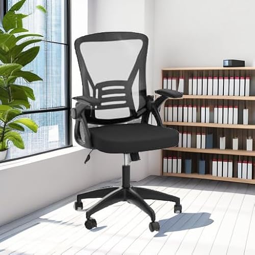 naspaluro Ergonomic Office Chair, Mid Back Desk Chairs with Adjustable Height, Swivel Chair with Flip-Up Arms and Lumbar Support, Breathable Mesh Computer Chair for Home/Study/Working, Dark Black naspaluro