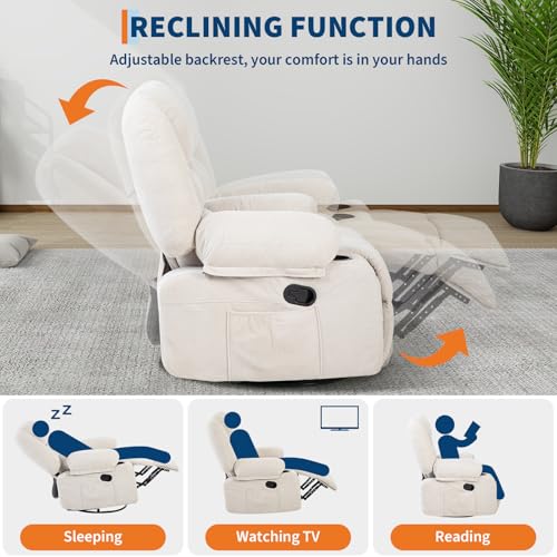 Oversized Wide Recliner Chair with Vibration Massage and Heat, 360° Swivel Recliner Glider for Adults,Chenille Fabric Manual Reclining Single Sofa with Cup Holders & Side Pockets for Living Room,White