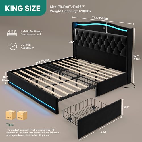YITAHOME King Size Bed Frame with 4 Storage Drawers and RGB LED Lights, 57'' Tall Headboard Velvet Upholstered Bed with Charging Station, No Box Spring Needed, Easy Assembly, Noise-Free, Black YITAHOME