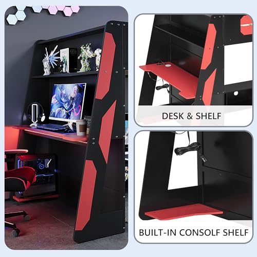 Polibi Wood Full Size Gaming Loft Bed with Desk and Shelf,Bed Frame with LED Light,USB Ports and Storage Cabinet,Red Polibi