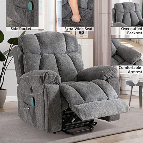 CANMOV Large Power Lift Recliner Chairs with Massage and Heat for Elderly Big People, Heavy Duty Motion Reclining Mechanism-Anti Skid Fabric Recliner Chair with 2 Concealed Cup Holders,Dark Gray CANMOV
