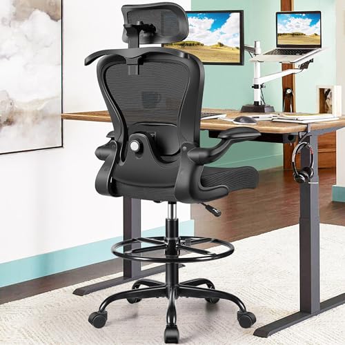 Drafting Chair, Tall Office Chair with 3D Lumbar & Head Support, Ergonomic Mesh Standing Desk Chair with Footring, Comfy Extended High Desk Chair with Flip-Up Arms & Hanger,Black AtHope