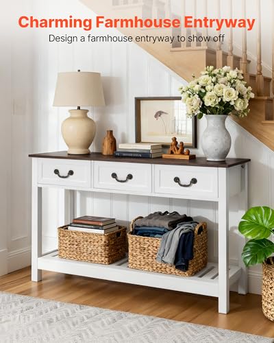 VEVOR 47 in Console Table, Farmhouse Desk Behind The Couch with Drawers and Bottom Storage Shelf, Wooden Rectangle Entrance Narrow Sofa Table for Hallway, Bedroom, Living Room, Foyer, Brown + White VEVOR