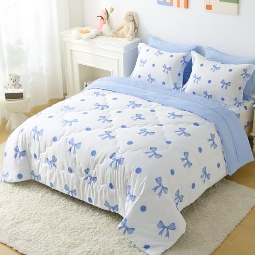 Wajade 7 Piece Blue Bow Comforter Set for Girls Kids Full Size Bedding Set with Sheet and 2 Pillowcases 2 Pillow Shams Cute Girls Bed in a Bag as Birthday Choice Wajade
