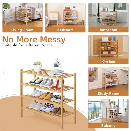 4 Tier Bamboo Shoe Rack Storage Organizer for Closet, Multifunctional Stackable Free Standing Shoe Shelf Organizer for Small Space,Entryway,Hallway,Bathroom 27"x11"x26"(Natural, 4 Tier) Buymoth