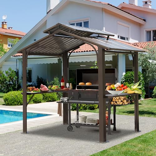 Domi 8x5FT Hardtop Grill Gazebo, Outdoor BBQ Gazebo with 2 Side Shelves and Ceiling Hook, Outdoor Grill Canopy with Galvanized Steel Double Roof for Patio Lawn Backyard Deck, Brown domi outdoor living
