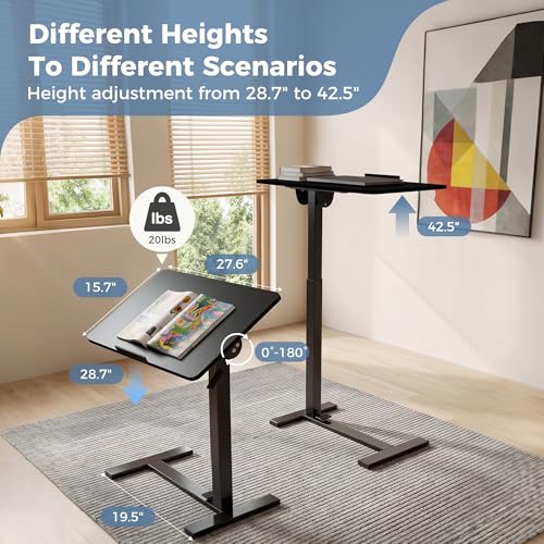 OLIXIS Mobile Standing Desk, Height-Adjustable Computer Cart with Pneumatic Lift, Portable Computer Workstation Cart for Bed, Couch, Office, Sofa, Black OLIXIS