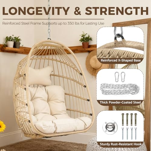 Nicesoul Outdoor Hanging Egg Chair Without Stand, Patio Wicker Swing Egg Basket Chairs with Padded Cushion, 350 Lbs Comfy Cozy Ceiling Tree Swinging Egg-Shaped Chair No Stand for Indoor Balcony, Beige NICESOUL