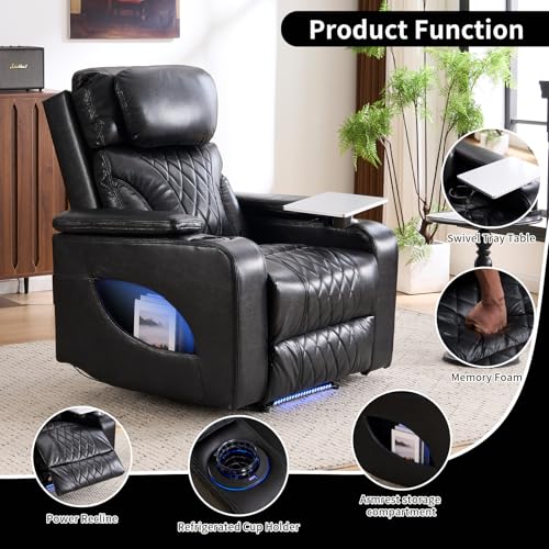 Zuacs Home Theater Seating, Power Recliner with Cooling Cup Holder & Heating Massage, Electric Recliner Chair with Tray Table, USB Charging, Manual Headrest for Living Room,Matte Black