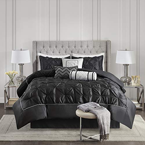 Madison Park Laurel Queen Size Bed Comforter Set Bed In A Bag - Black , Wrinkle Tufted Pleated – 7 Pieces Bedding Sets – Faux Silk Bedroom Comforters Madison Park