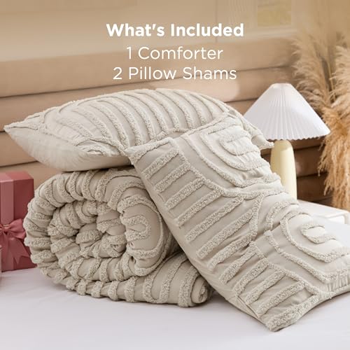 Bedsure Boho Tufted Beige Comforter Full Size, GentleSoft™ 3 Pieces Boho Farmhouse Decor Bedding, Arch Shabby Chic Bedding for All Seasons, 1 Bed Comforter, 2 Pillow Shams, 82x86 Inches Bedsure