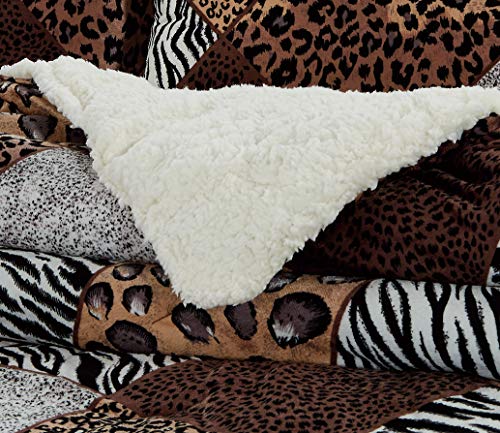 GrandLinen 3 Piece Queen Size Dark Brown Black Animal Print Safari Comforter Set. Leopard, Zebra, Cheetah Winter Micro Fur Bedding with Sherpa Backing Grand Linen