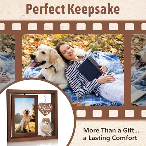 Dog Memorial Gifts for Loss of Pet - Rotating Wooden Frame for 4x6 Photo & Fur Hair Jar - Sympathy Gift for Pet Bereavement, Remembrance Keepsake - Rainbow Bridge Gift for Dog Lovers & Cat Lovers