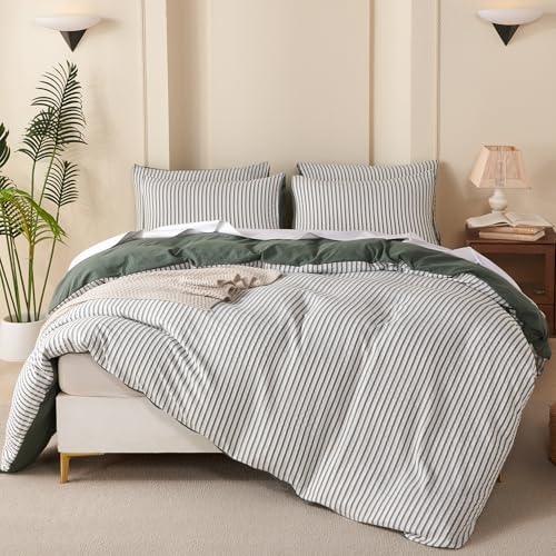 BUPIRD Green King Comforter Set Striped 100% Soft Washed Microfiber Jacquard 3 Pieces Striped Bedding Sets Green White Comforter for All Seasons and 2 Pillowcases Comfort Breathable BUPIRD