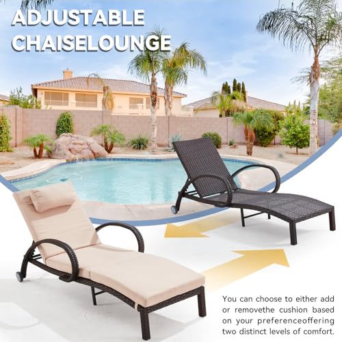 Lanonuvia Pool Outdoor Lounge Chairs Set of 2,Outdoor Chaise Lounge w/ 5 Adjustable Back,Wicker Patio Pool Lounge Chair with Wheels for Poolside Deck Lawn,Khaki