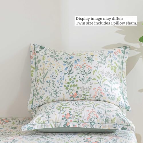 LEMIROE 100% Cotton Floral Duvet Cover Twin Size 2PC - Botanical Wildflower Pattern with Soft Pestel Accents on White, Dusty Green Reverse, Neutral Bedding Set with Button Closure(68"×90") LEMIROE