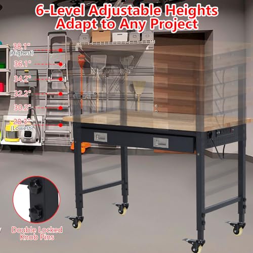 ACONEE 48" Adjustable Workbench, Heavy Duty Workstation 2000 LB Load Capacity, Rubber Wood Top Workstation with Drawer & 4 Rolling Casters, Power Outlets, Metal Frame, Workbench for Workshop Garage ACONEE