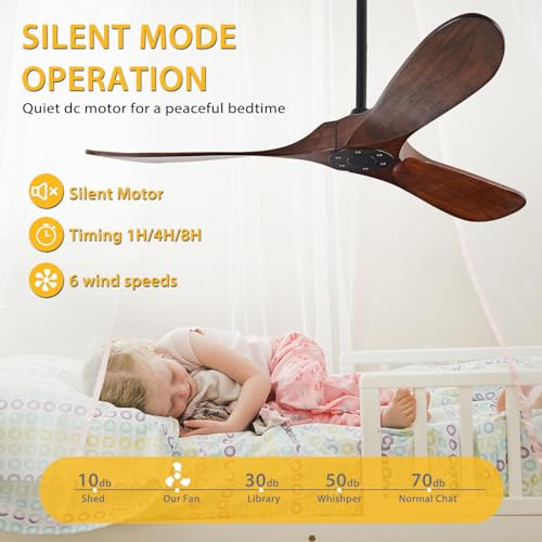 YKXONFA Solid Wood Ceiling Fans Without Light, 52 inch Real Wood Ceiling Fan with 6-Speeds 3 Wood Blades, Indoor Outdoor Ceiling Fans for Garage, Farmhouse, Living Room, Bedroom, Office YKXONFA