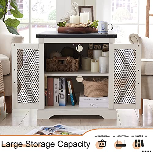 JXQTLINGMU Farmhouse End Table, 24" Large Sofa Side Table with Charging Station, Mesh Barn Door, and Adjustable Storage Shelf, Rustic Wood Square Nightstand for Living Room, Bedroom, Office, White JXQTLINGMU