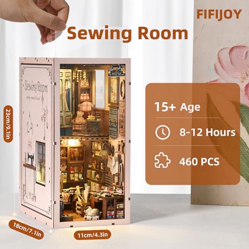 fifijoy Book Nook Kit, LED 3D Wooden Puzzle with Dust Cover, 460 Wooden Pieces, DIY Bookshelf Insert Decor Gifts for Book Lovers (Sewing Room)