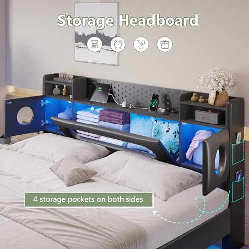 Dnxao Floating Bed Frame Queen with Headboard, Upholstered Platform Queen Bed Frame with Storage, LED Lights and Charging Station, Noise Free, No Box Spring Needed,Quick Setup System,PU Black Dnxao