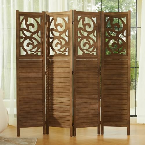 Svimi Folding Room Divider, 5.6Ft 4 Panels Wood Carved Privacy Screens, Free Assembled Freestanding Portable Reversible Functional Decorative Partition for Home Office Restaurant Bedroom (Brown) Svimi