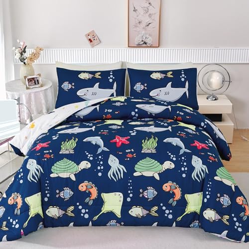 RYNGHIPY Kids Bedding Set for Queen Bed Reversible Ocean Animals Print Comforter Set for Boys Girls Easy-Wash Super Soft Microfiber Bed Set (Navy Ocean,Queen) RYNGHIPY