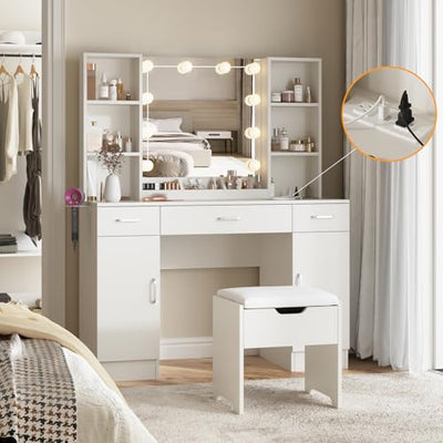 Vabches Makeup Vanity Table with Lighted Mirror & Power Strip, Large Vanity Set Vanity Desk with Storage Stool, 3 Lighting Modes, Brightness Adjustable, 45.2in(L)