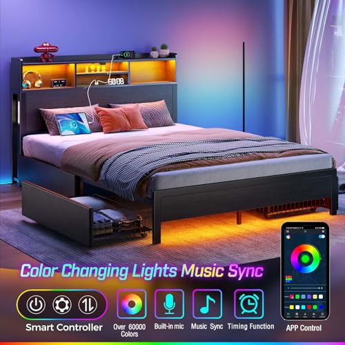 Rolanstar Full Bed Frame with Storage Headboard & 4 Drawers, Metal Platform Bed with Charging Station, LED Single Bed with Side Shelf, No Box Spring Needed, Easy Assembly, Black Rolanstar