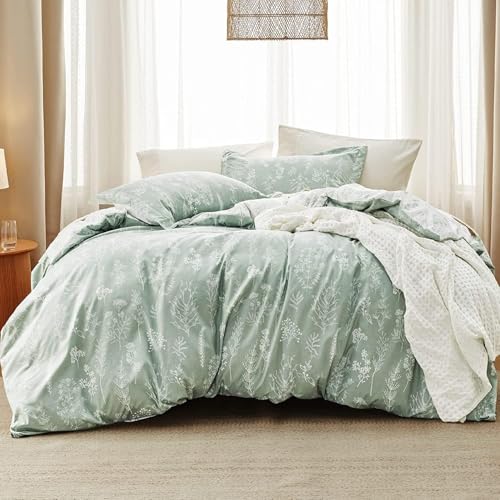 Bedsure Queen Comforter Set - Sage Green Bed Set, 3 Pieces Cute Floral Bedding, 1 Soft Reversible Botanical Flowers Comforter and 2 Pillow Shams Bedsure