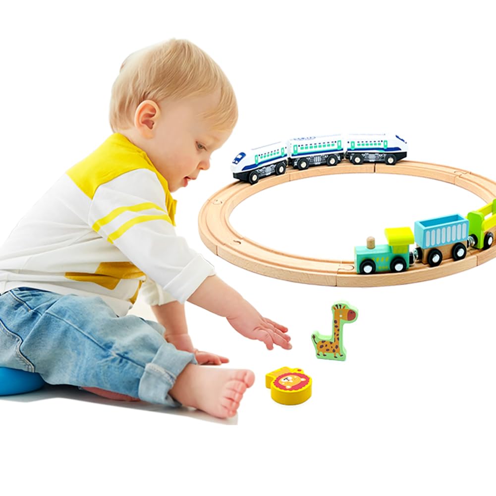 Wooden Trains Cars with Crane Magnetic Train Toys for Wooden Train Tracks Train Sets for Toddlers and Kids Ages 3+ (Zoo Train) SAIBURAZ