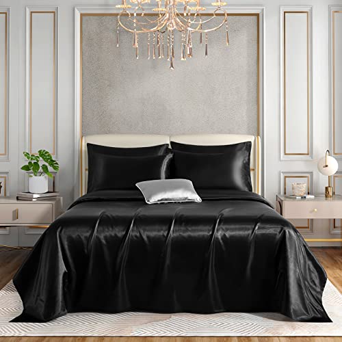 Horbaunal 4 Piece Satin Sheet Set Twin Size Luxury Silky & Soft Black Satin Twin Bed Sheet Set with 16" Deep Pocket, 1 Fitted Sheet, 1 Flat Sheet, 2 Pillowcases Horbaunal