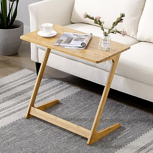 Zoopolyn Tv Tray Table Bamboo Tv Dinner Table Z Shaped end table for Sofa Couch Laptop Living Room Bedroom Natural Zoopolyn