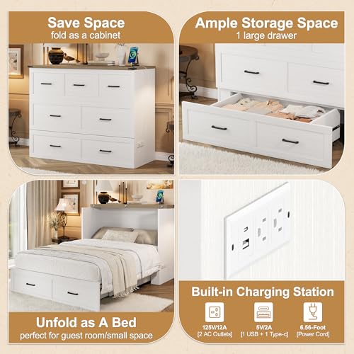 FUvellamo Full Size Murphy Bed Cabinet with Charging Station, Solid Wood Multi-Functional Foldable Platform Bed with Large Storage Drawer for Home Office or Small Room, White FUvellamo
