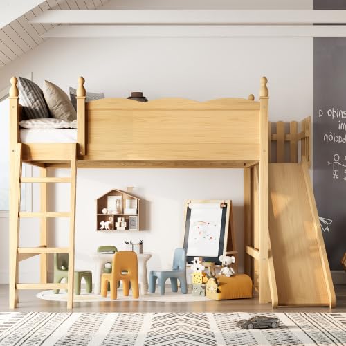 Bellemave Queen Size Kids Loft Bed with Storage Shelves & Cabinet, Solid Wood Loft Bed Frame with Detachable Slide & Ladders for Girls Boys (Natural/Queen) Bellemave