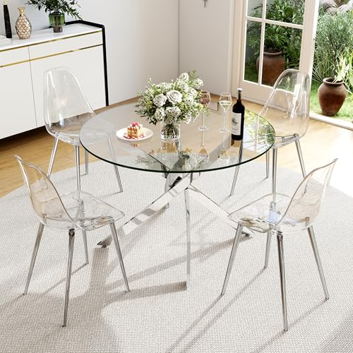 HAIZAO Clear Round Glass Dining Table Set for 4, 5 Piece Circle Kitchen Table Set, 36'' Modern Circular Dining Room Table Set, Minimalist Dining Set, Clear Acrylic Chair, for Small Place (Silver) HAIZAO