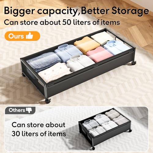 LeArex Under Bed Storage Containers with Wheels 2 Pack Underbed Shoe Storage Bedroom Storage Bins Organizer Large Capacity Under Bed Storage with Lid for Clothes Shoes Toys Blankets (Black) LeArex