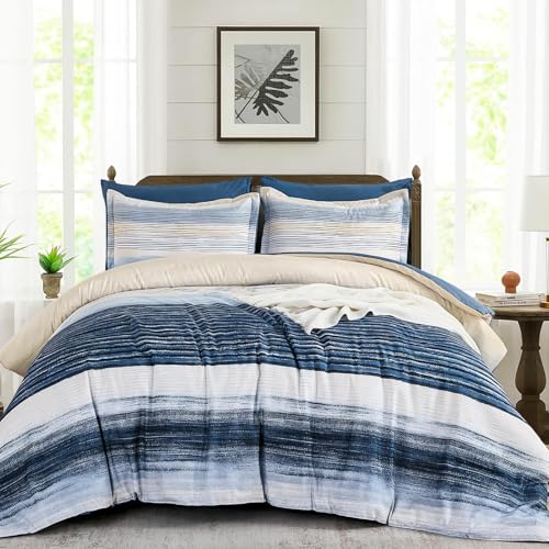 WONGS BEDDING Blue Comforter Set Full Size, 7 Pieces Full Bed in a Bag for All Season, Soft and Breathable Striped Bedding Set with Boho Comforter, Flat Sheet, Fitted Sheet, Pillowcases & Shams WONGS BEDDING