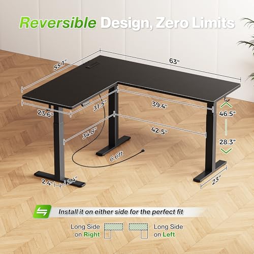 Huuger L Shaped Standing Desk with Power Outlets, 63 x 55 Inch Height Adjustable Computer Desk for Bedroom, Corner Stand up Desk for Home and Office, Work and Study, Black Huuger