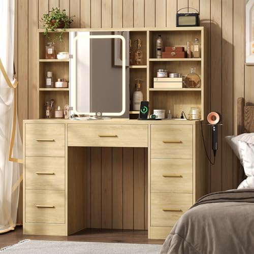 47'' W Large Vanity Desk with Mirror and Lights, 8 Storage Shelves 7 Drawers Vanity Table, Big Makeup Vanity Desk with 3 Lighting Modes, Vanity Dresser with Charging Station, Sliding Mirror (Natural) knoworld