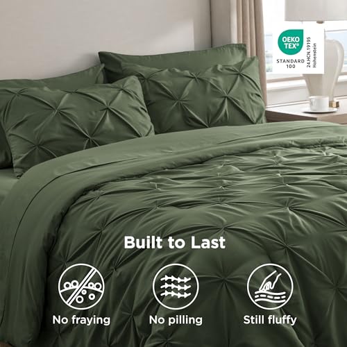 Bedsure King Size Comforter Set Olive Green - Bed in a Bag Bedding Set 7 Pieces, GentleSoft™ Pintuck Bed Set Gift for Family, Pinch Pleat Olive Green Comforter with Sheets, Pillowcases & Shams Bedsure